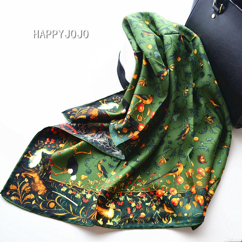 Army green luxury silk scarf women printed bird 100% real silk twill scarves wrap foulard shawl  90cm square bandana lady gift