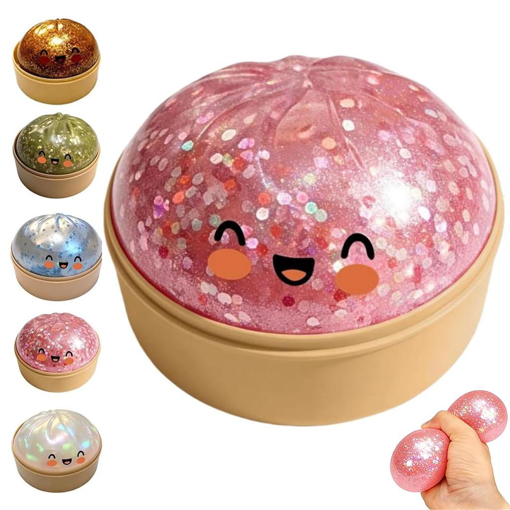 Glitter Dumpling Squishy with Steamer Box, Stress Relief Squeeze Fidget Toy, Glitter Mystery Dumpling Relaxation Toy for Adults, 5 Color Options