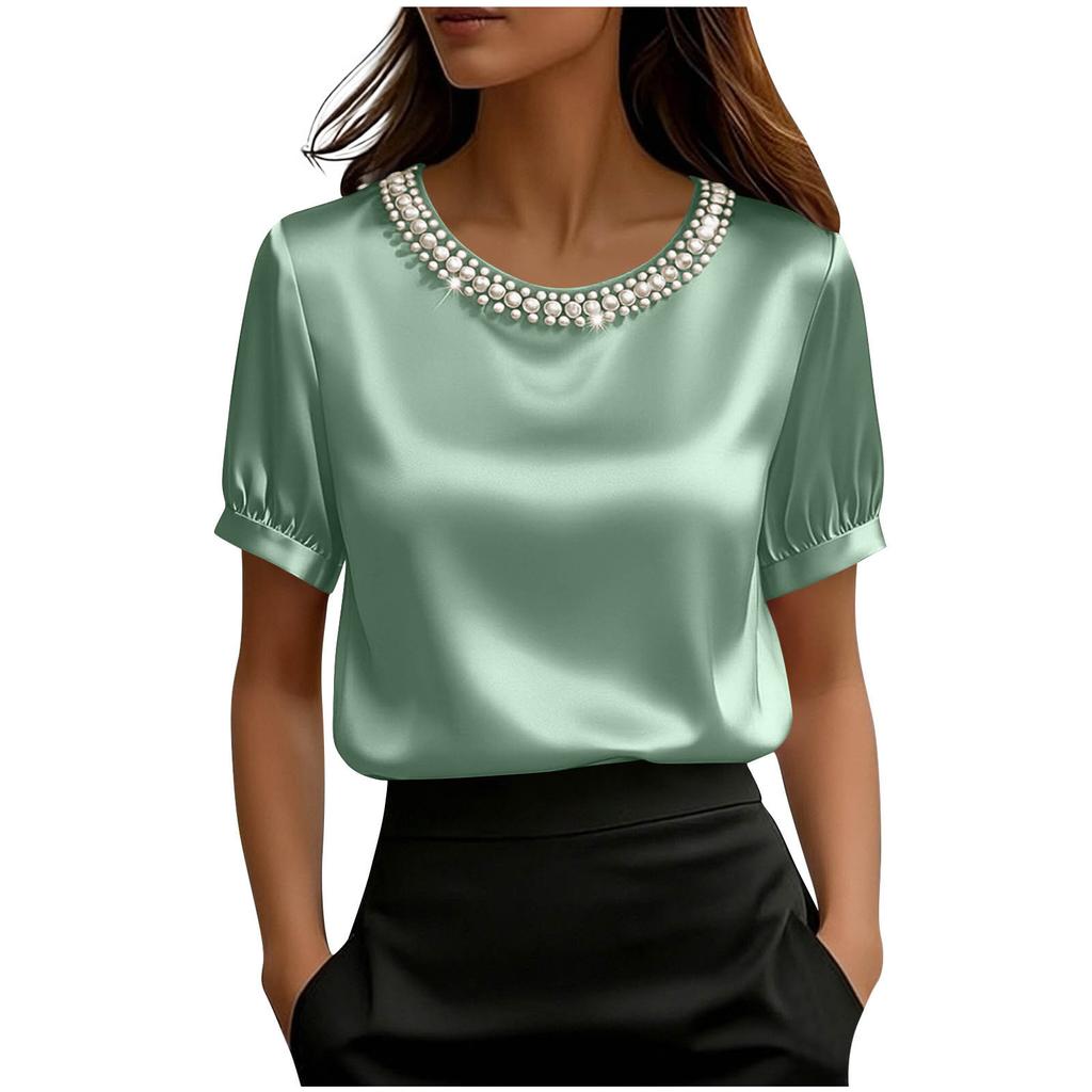 T-shirt da donna alla moda, vestibilità ampia, manica corta in raso, con colletto di perle