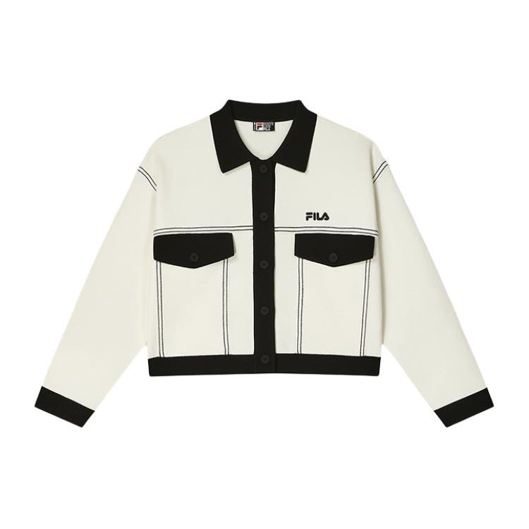 Fila Color Block Polo Neck Loose Casual Knitted Jacket Women Jackets Jade-White F11W418406F-IV