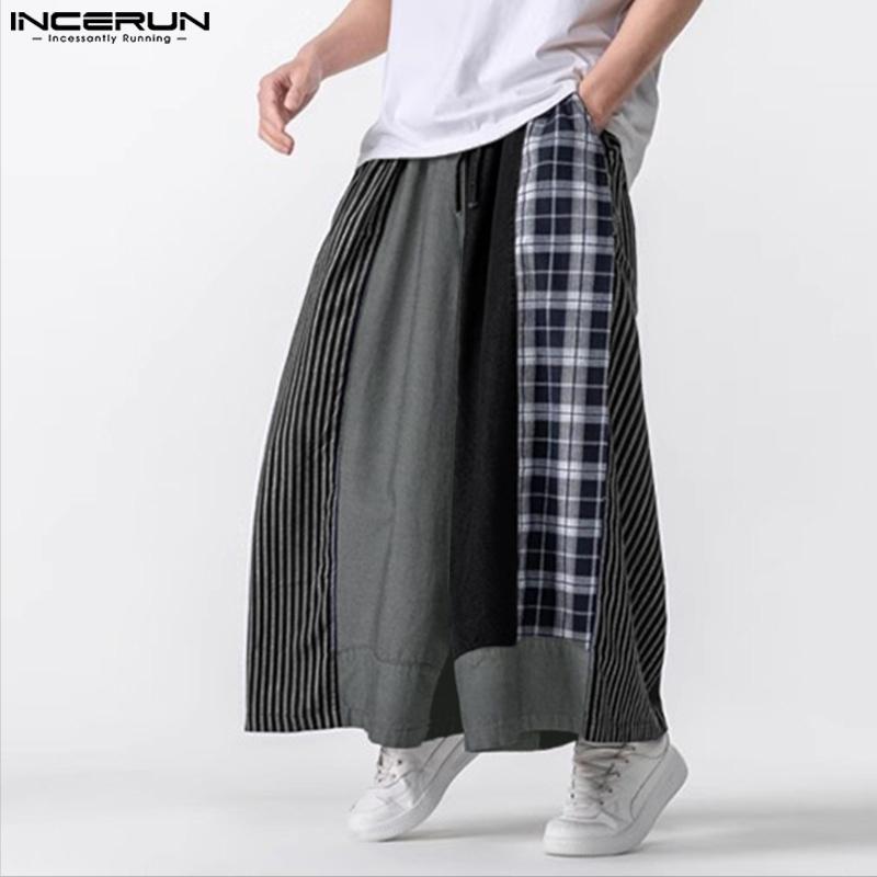 INCERUN Men Casual Elastic Waist Patchwork Plaid Long Baggy Wide Legs Pants Trousers