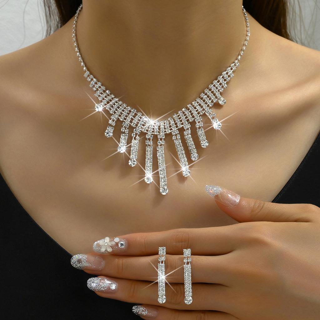 Women Chain Crystal Tassel Earrings Necklace Jewelry Set Wedding Banquet Party Holiday Gift