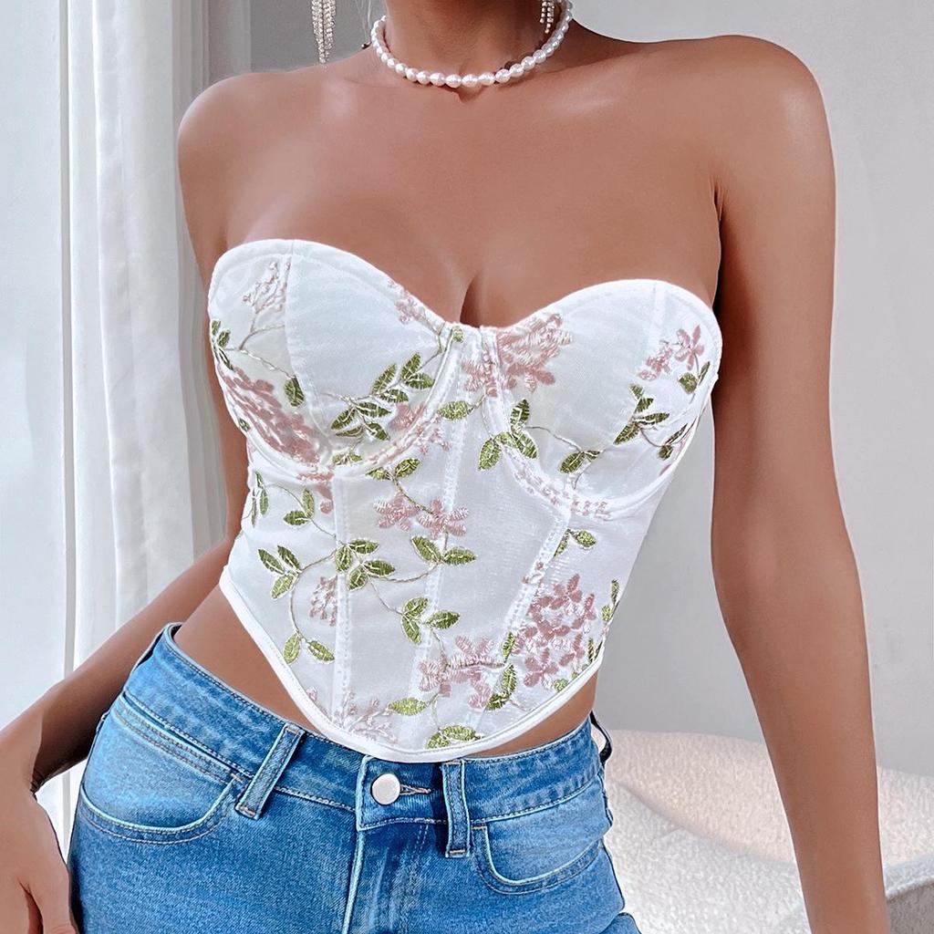 Embroidered Fishbone Steel Ring Backless Strap Top - Sexy, High-End Design