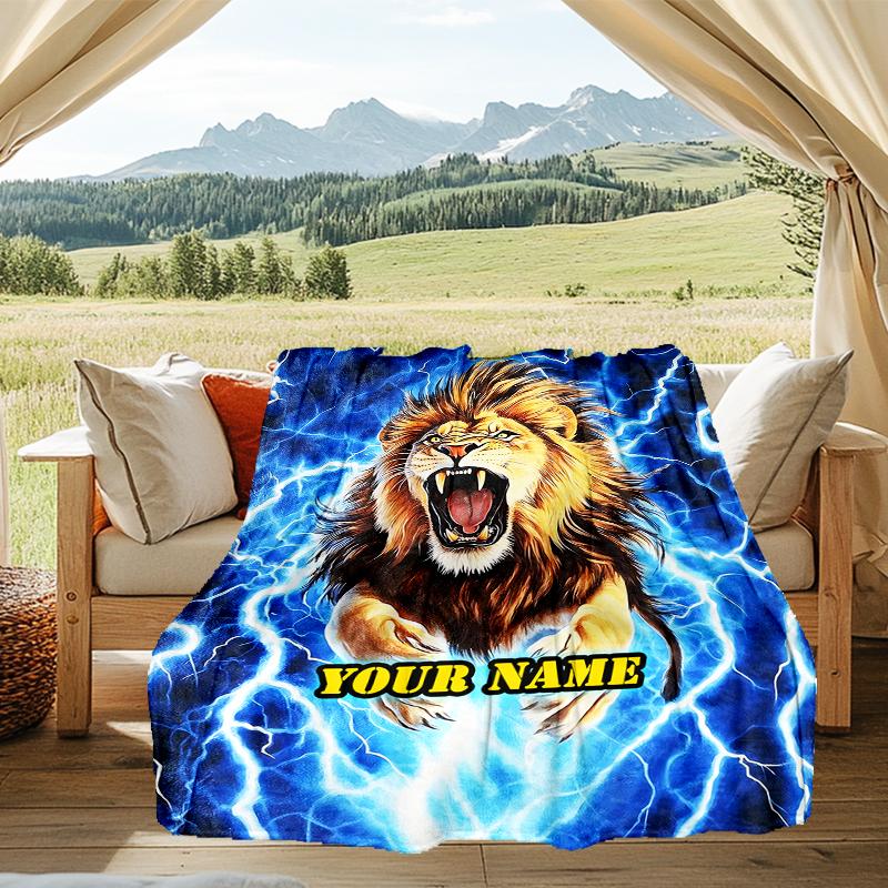 1PC Custom Name Lion Power Energy outdooor Flannel blankets Patterns Throw Blanket All-Season Soft Gift for Couch, Bed, Camping gifts