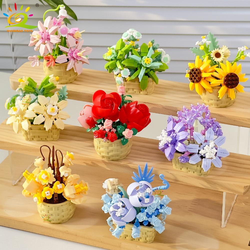 HUIQIBAO MOC Bouquet Potted Plant Micro Building Blocks Eternal Flower Model DIY Home Desk Decoration Brick Toy For Children