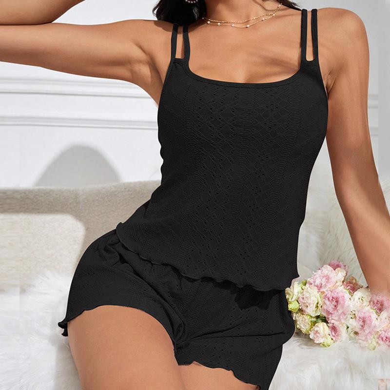 Hollow Out Eyelet Knit Pajama Set Women's Double Strap Cami Top Lettuce Hem Shorts Two Piece Summer Loungewear Sleepwear