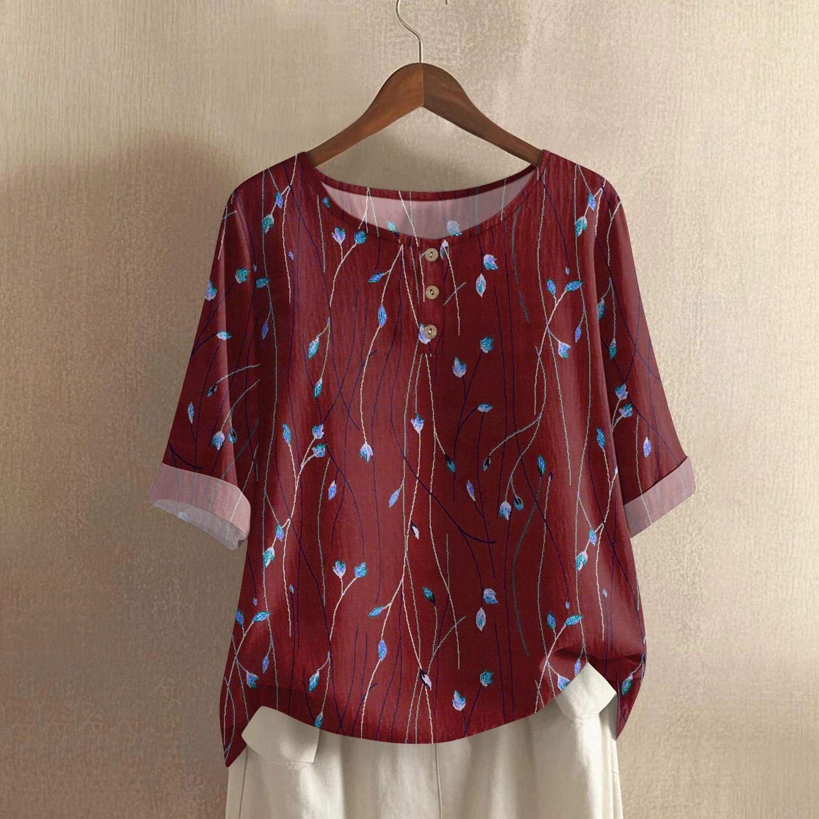 

Женская модная и повседневная рубашка с полурукавом, круглым вырезом, принтом, из хлопка и льна, блузка-топ XL винный