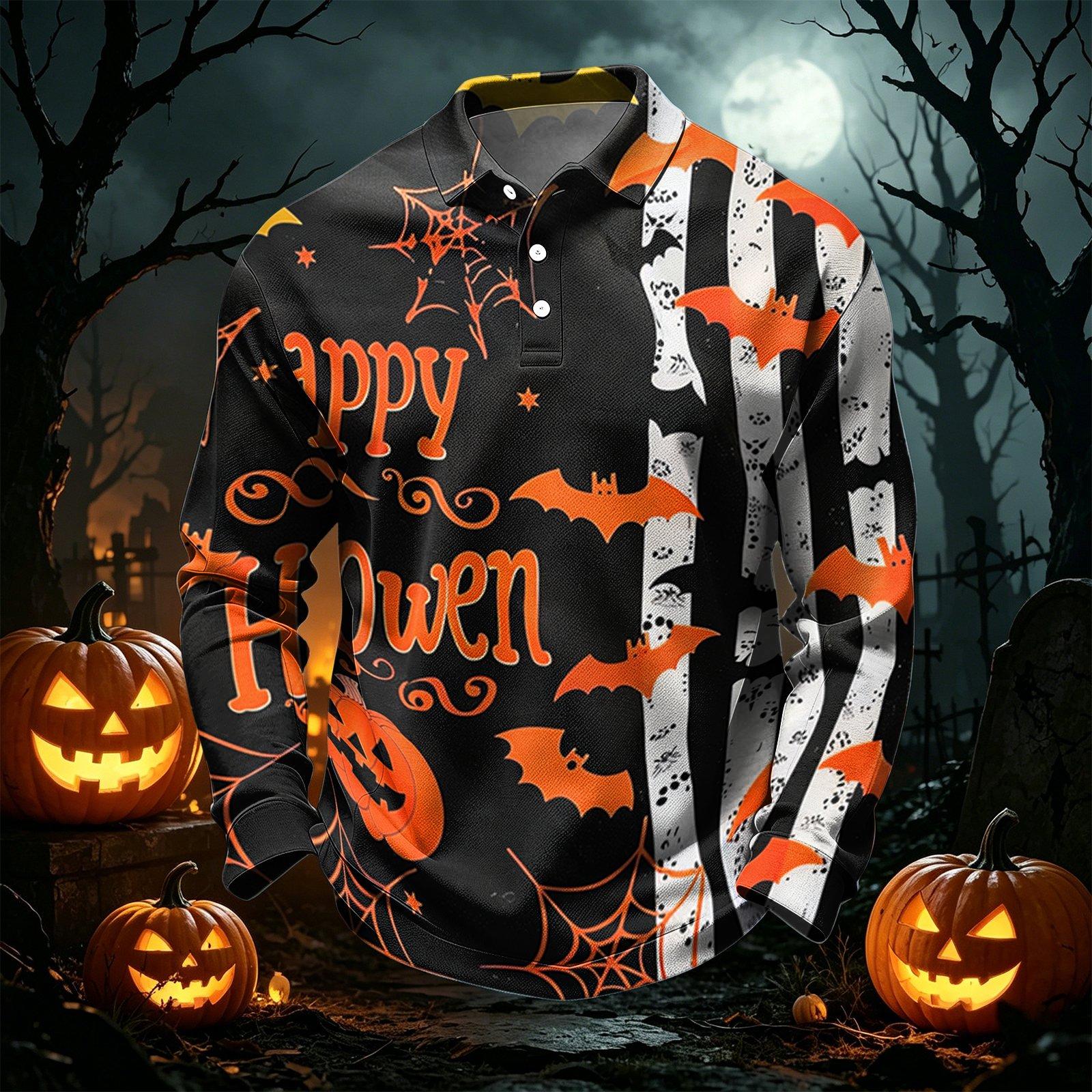 Men s Long Sleeve Quick Dry Mesh Golf Shirt, Halloween Print, Breathable Wicking Casual Top for Fall Golf L