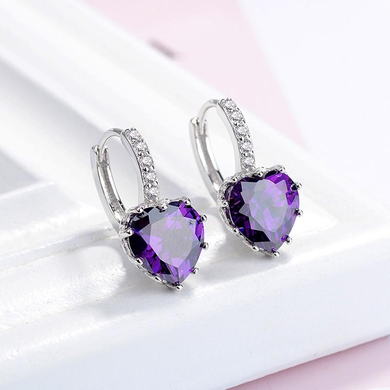 925 Sterling Silver Fine Jewelry 925 Silver Multi Color Crystal Heart Hoop Earrings for Women Wedding Party Jewelry Gift
