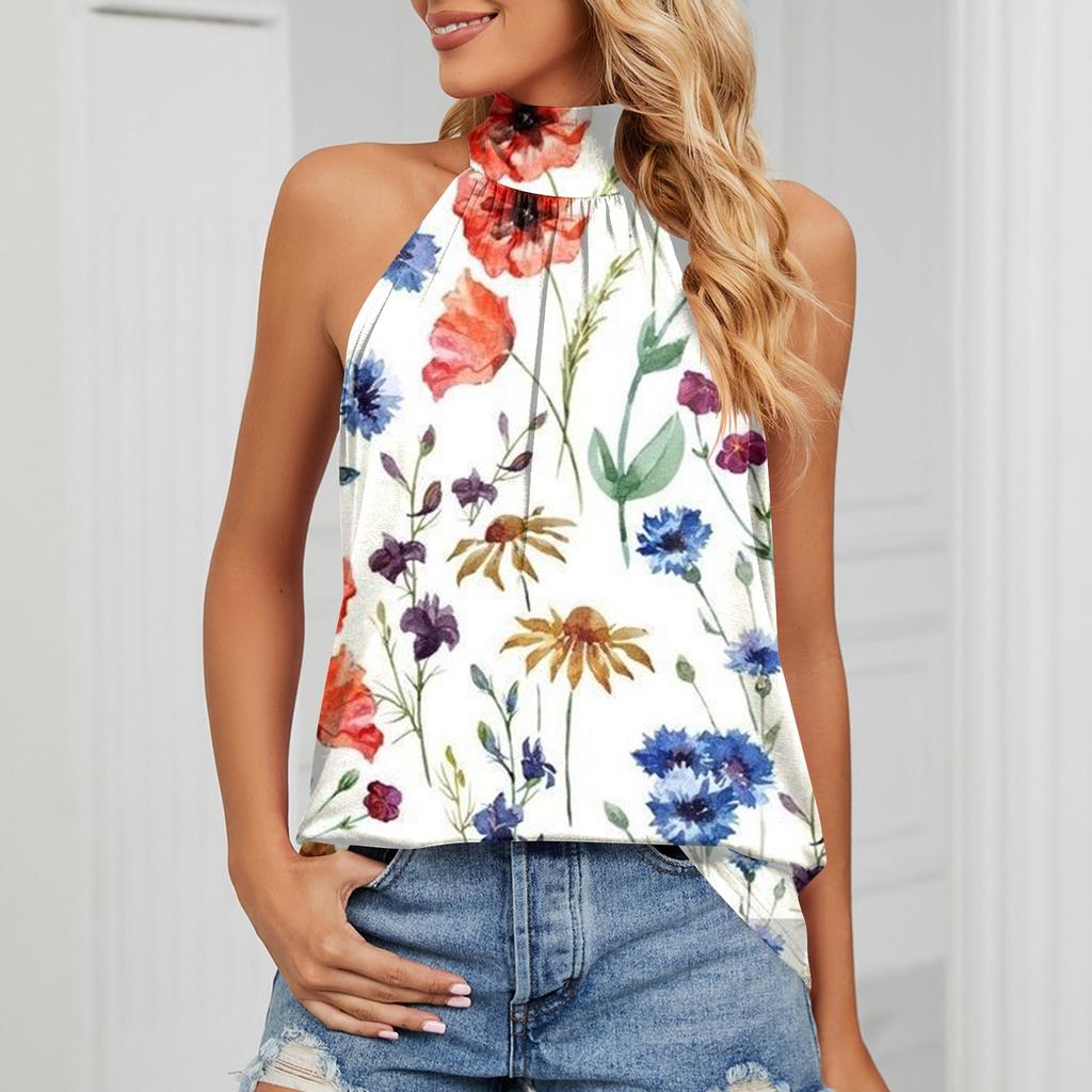 Women's Sexy Round Neck Pleated Vintage Flower Print Sleeveless Strappy Tank T-Shirt Tops