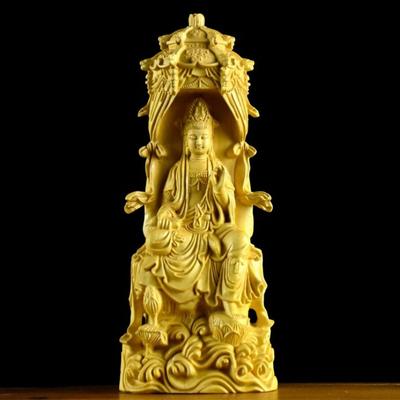 Buchsbaumschnitzerei Wasserwellenpagode Guanyin Bodhisattva Ornament Avalokitesvara Statuen werden zu Hause verankert Figur des Buddha
