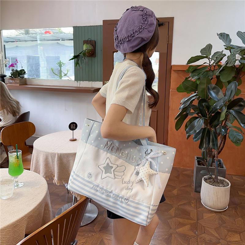 Cute Polka Dot Tote Bag for Women Shoulder Bag with Star Print and Striped Design, Large Capacity Everyday Bag