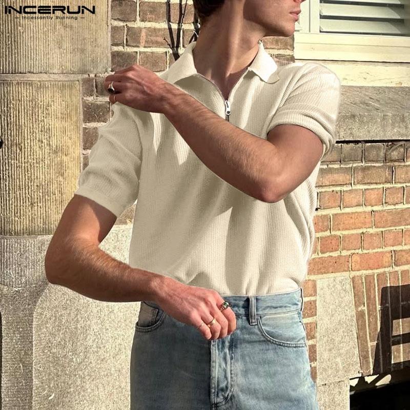 INCERUN Letnie Męskie Koszulki Polo z Zamkiem i Teksturą, Krótki Rękaw, Casualowe Top