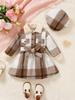 3pcs Baby Girl Plaid Patchwork Fur Long Sleeved Dress with Belt and Hat Suitable for Wearing In Autumn and Winter Seasons