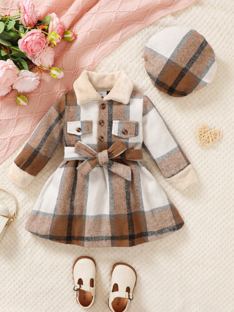 3pcs Baby Girl Plaid Patchwork Fur Long Sleeved Dress with Belt and Hat Suitable for Wearing In Autumn and Winter Seasons