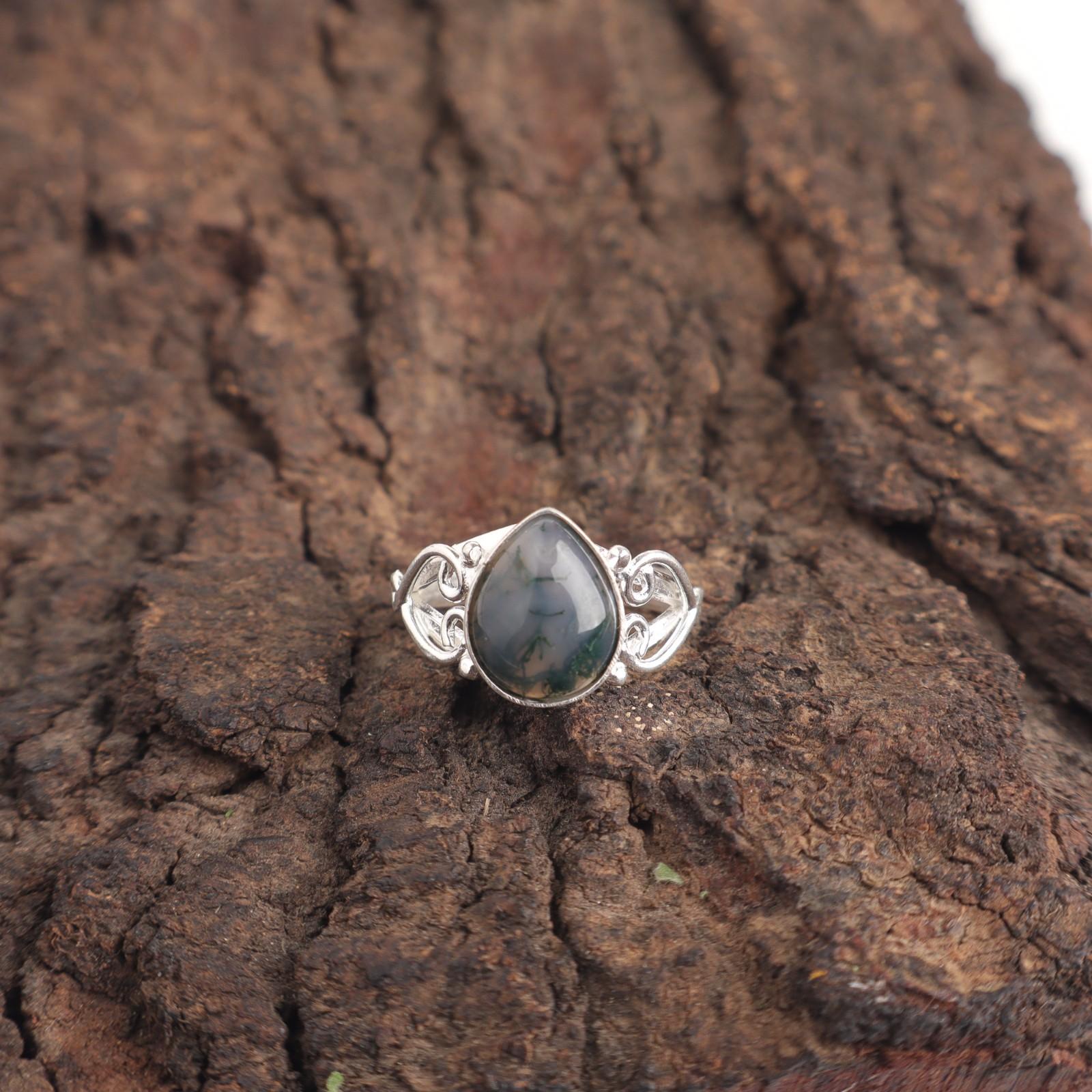 

Распродажа ко Дню сестер Кольцо «Полная вечность» из стерлингового серебра 925 пробы с камнем моховой агат «груша» RR-46-33 9.5