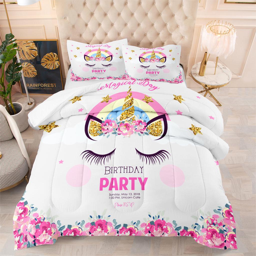 Cute Unicorn Feather Silk Cotton Filled Quilt Kids Cartoon Autumn and Winterheattechbedding Printing Quilt Cover Three-piece Set