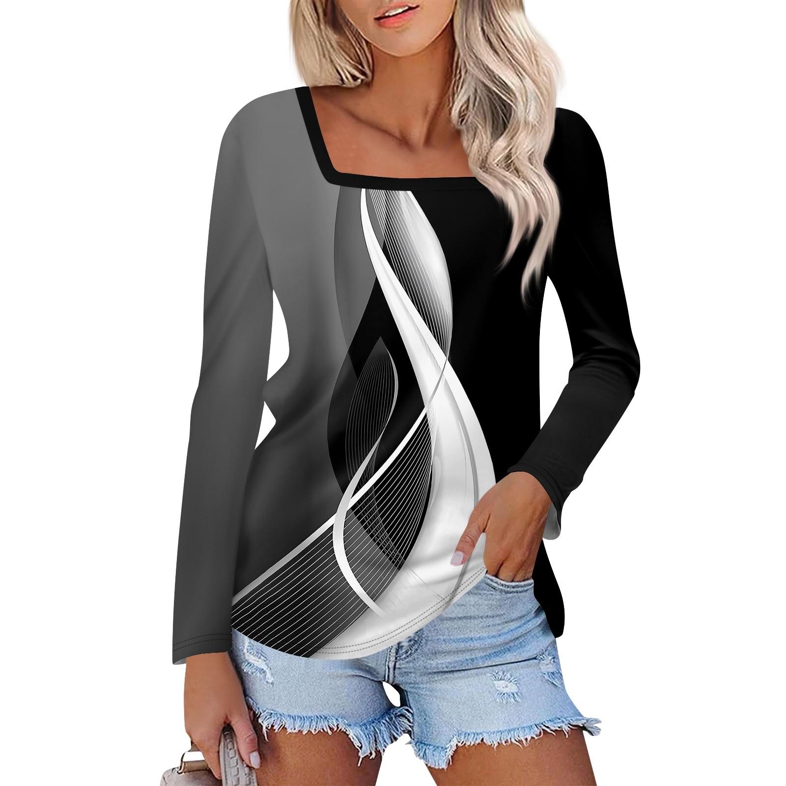 

Рубашка для женщин, модная повседневная свободная футболка с квадратным вырезом и длинным рукавом с принтом, женский топ M чёрный