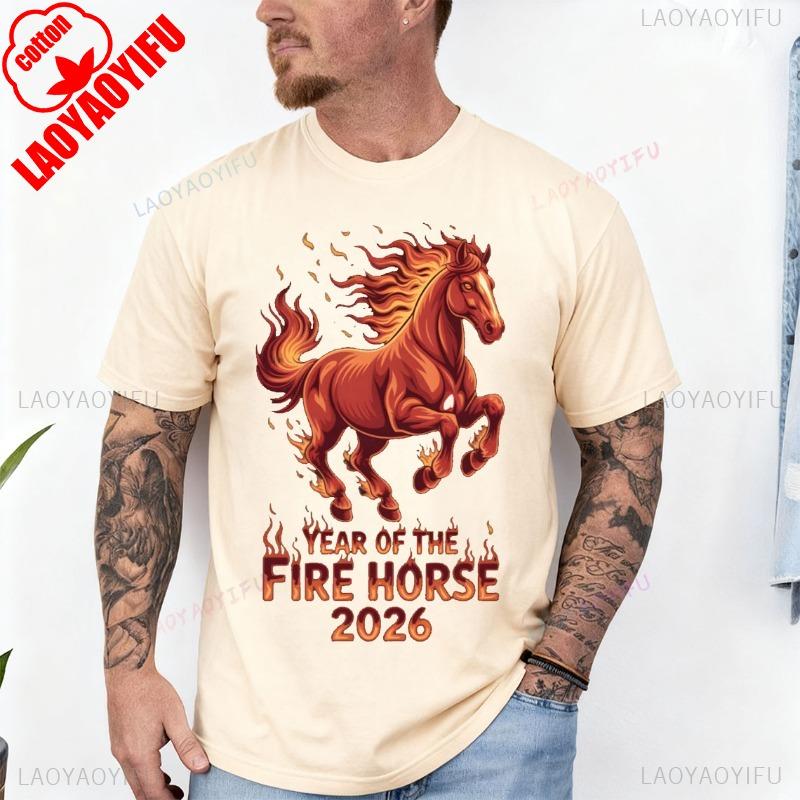Jahr des Feuerpferdes 2026 Tierkreis Chinesisches Neujahr 2026 Rundhals Kurzarm Baumwoll Oberteil Alle Jahreszeiten Lässig Mode Weiche T-Shirts