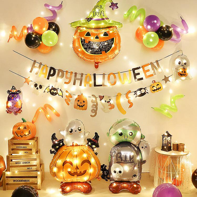 Halloween Theme Balloons and Pumpkin Lanterns for Indoor Decoration and Wall Scene Layout