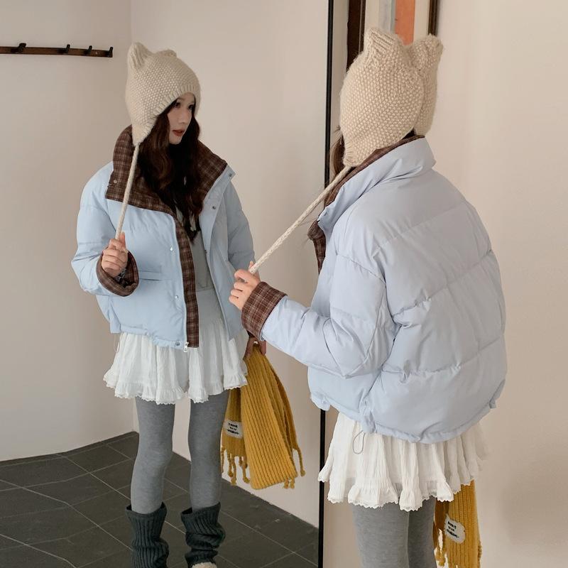 

Женская новая клетчатая одежда с воротником-стойкой, холодо- и ветрозащитная, легкая, утолщенная, пушистая, теплая, свободного кроя, из высококачественной ткани, повседневная спортивная хлопковая одежда XL светло-синий