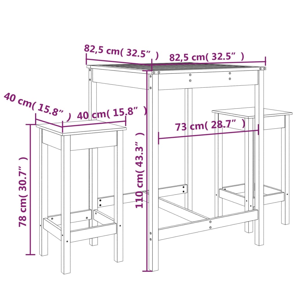3 Piece Garden Bar Set White Solid Pine Wood