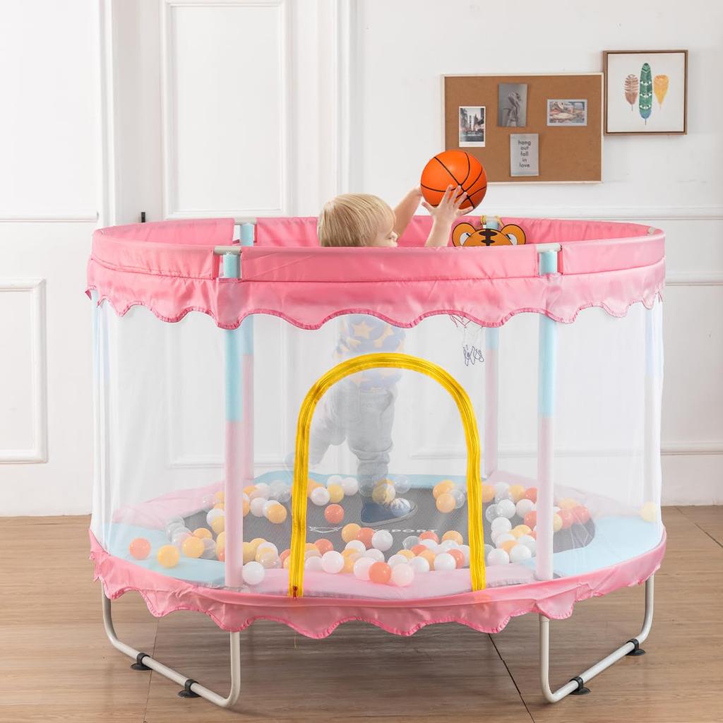 Trampoline pour enfants,150×150×110cm,Équipé d'un panier et de balles en plastique,Coussin rebondissant –charge 100 kg-Rose