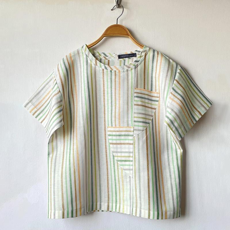 

ZANZEA Женская летняя повседневная блузка с круглым вырезом и коротким рукавом в полоску M зелёный