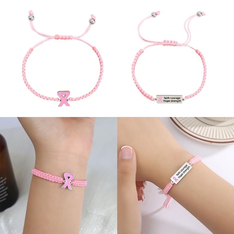 Breast Cancers Awareness Hope Bracelet for Women Pink Ribbon Charm Braided Rope Wrist Wrap Bangle Handmade Jewelry Gift