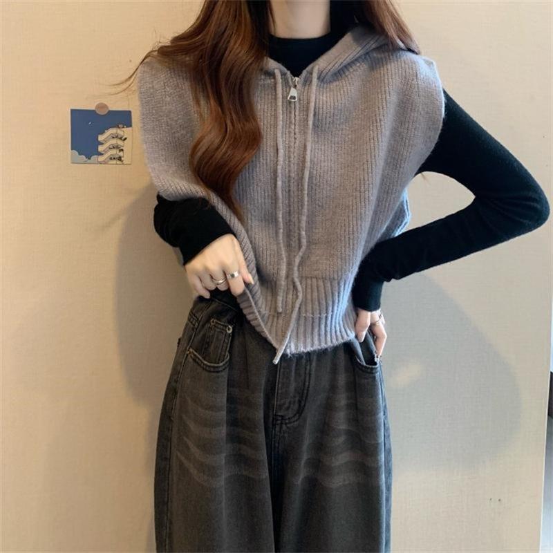 Hooded Vest Women's Versatile Solid Color Cardigan Short Casual Style Jacket Top