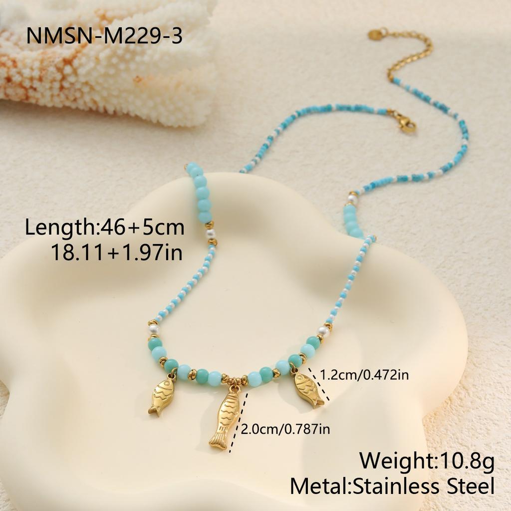 GEMCHIC Women's Ocean Style Blue Green Fish Heart Beaded Necklace Stainless Steel Layered Choker Jewelry