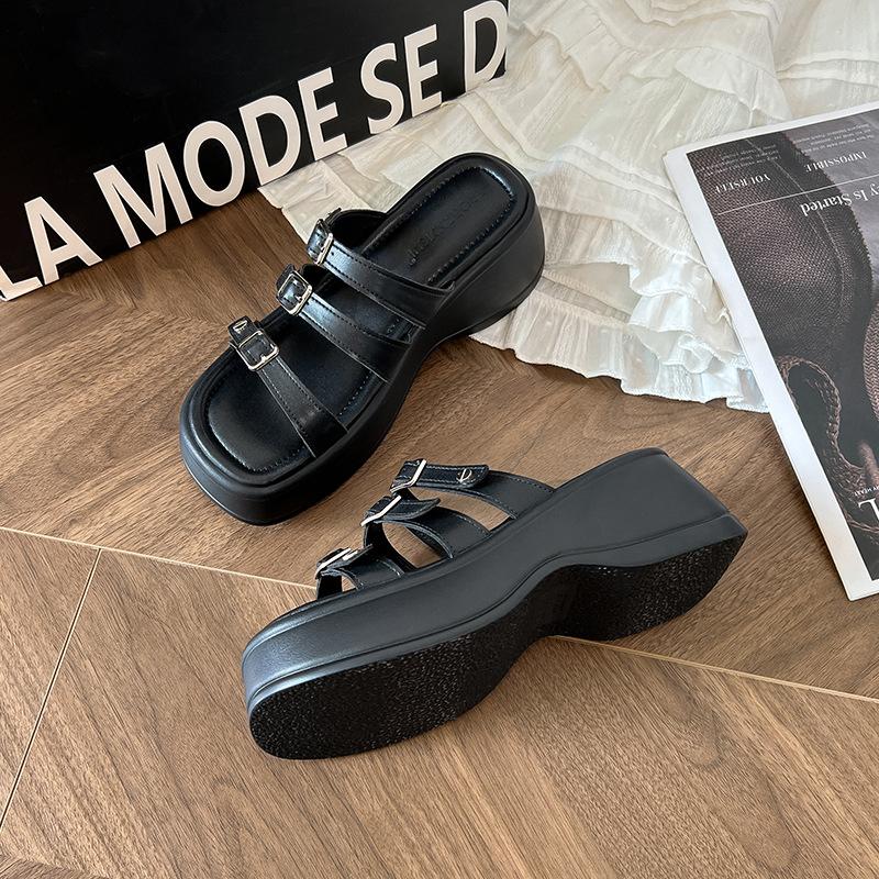 

Muffin thick-soled belt buckle heightened casual sandals for women to wear outside summer new retro thick-soled slippers for women 33 чорний
