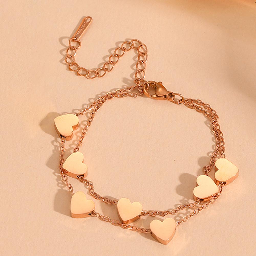 Double Layer Heart Pendant Bracelet - 18K Gold Stainless Steel, Colorfast, 7 Hearts Design for Women