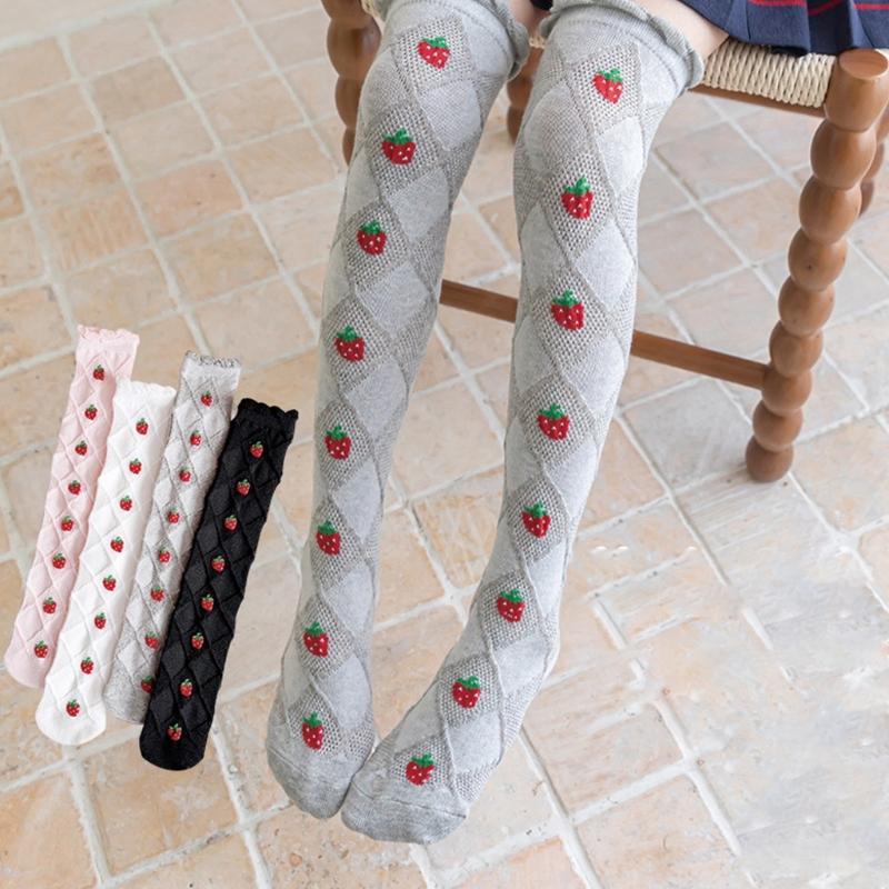 Baby Girls Long Tube Socks Spring Autumn Summer Thin Kids Strawberry Printed Socks Over Knee Length Stockings