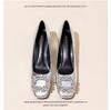 French Temperament Silver High Heels Women Soft Leather 2024 Spring and Autumn New Thick Heel Square Head Crystal Single Shoes