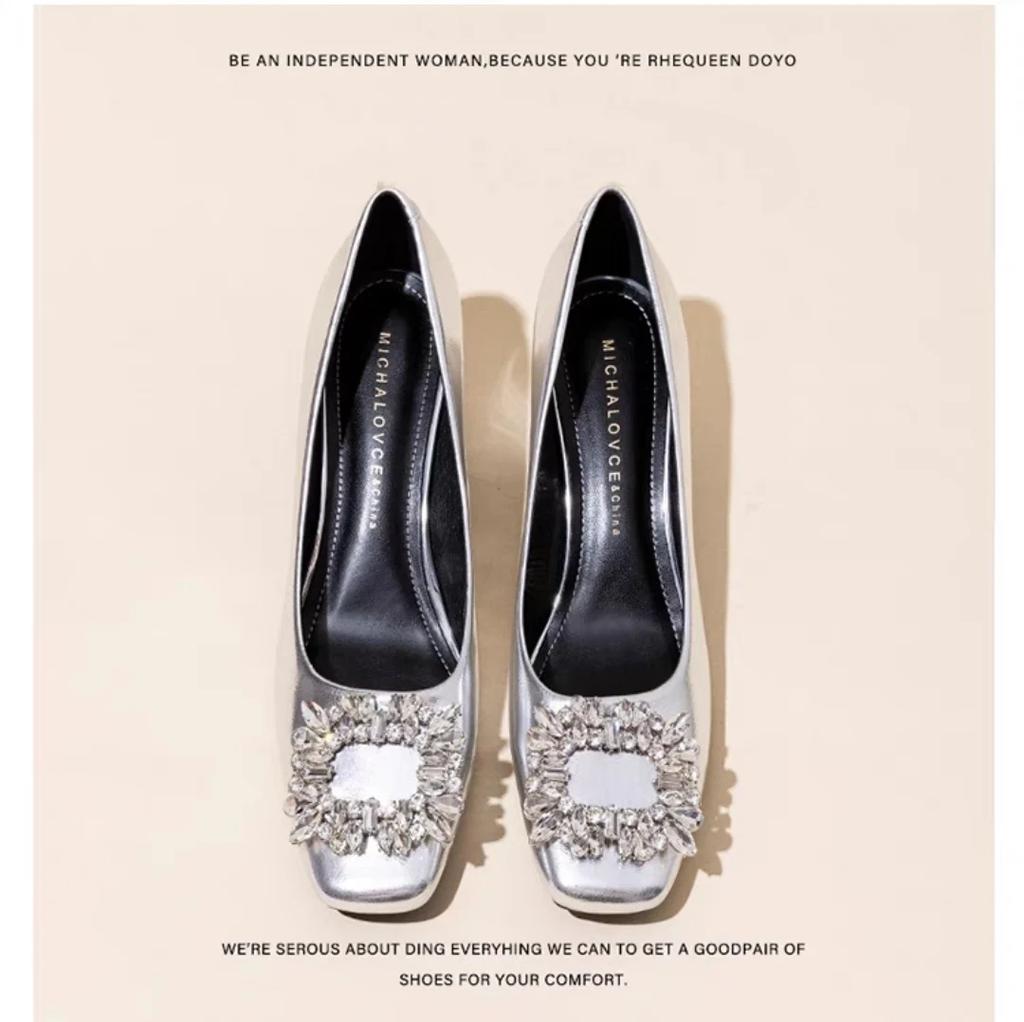 French Temperament Silver High Heels Women Soft Leather 2024 Spring and Autumn New Thick Heel Square Head Crystal Single Shoes