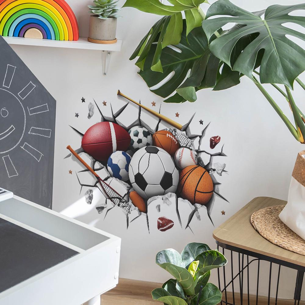 3D Breaking Wall with Sports Balls Wall Sticker Dynamic Self-Adhesive Decor for Bedroom Living Room Man Cave Game Room Wall Art