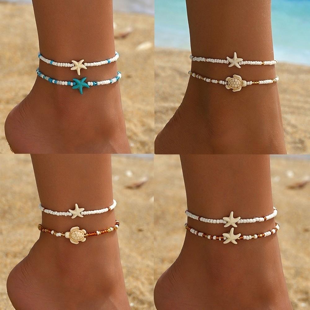 2Pcs Bohemian Style Beaded Anklets Chain Set Starfish Beaded Foot Bracelets  Jewelry Accessories