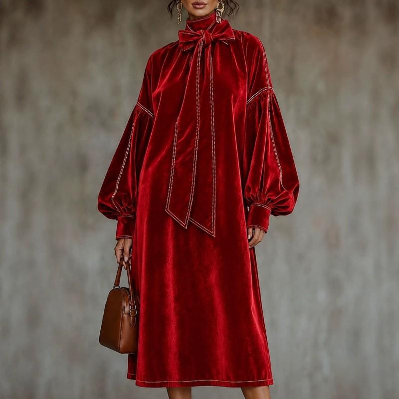 2026 Autunno Inverno Donna Abito di Velluto Scollo Alto Manica Lunga Linea ad A Festa