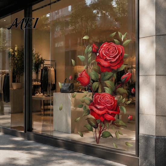 Easy Application Flower Wall Decor Red Rose Sticker, Watercolor Floral Peel and Stick Decal for Creative Soft Decoration Gifts Living Room Bedroom,