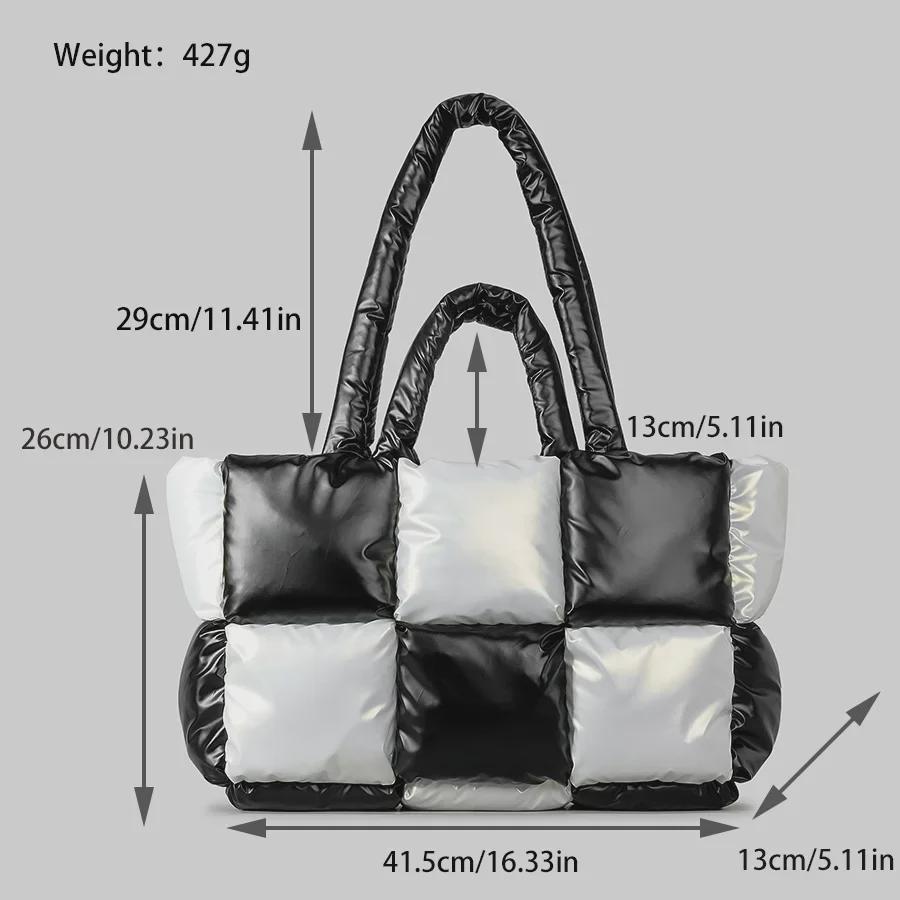 Women's Lightweight Black and White Checkered Tote – Soft, Down-Filled Shoulder Bag