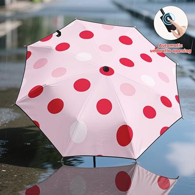 1pc Automatic Open/Close Umbrella with Auto-Folding Button, Red & White Polka Dot Print - 8-Rib Compact Windproof Umbrella for