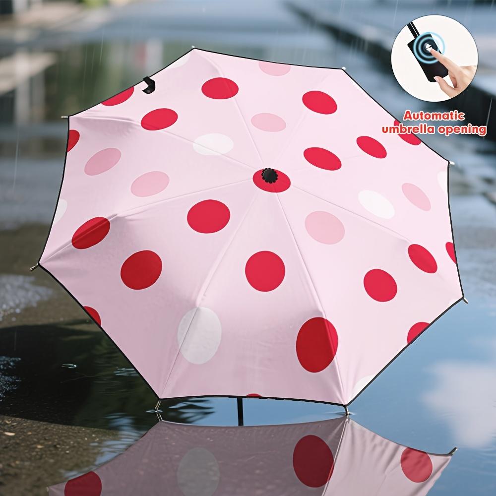 

1pc Automatic Open/Close Umbrella with Auto-Folding Button, Red & White Polka Dot Print - 8-Rib Compact Windproof Umbrella for (as the picture,iron&8K)