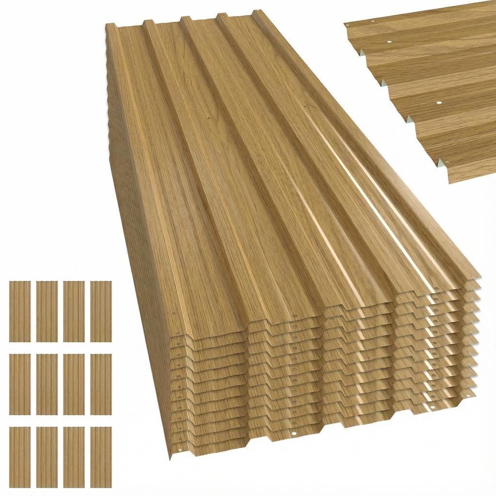 Lot of 12 Weather-Resistant Galvanized Steel Panels, Natural Wood, Panel Dimensions 129L x 45W cm