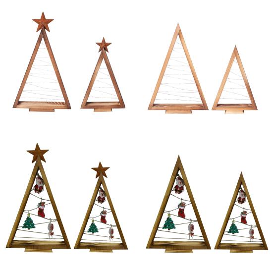 2Pcs Wooden Christmas Tree Ornament with LED Light Farmhouse Rustic Glowing Xmas Tree Table Sign Home Office Desktop Triangle Decoration