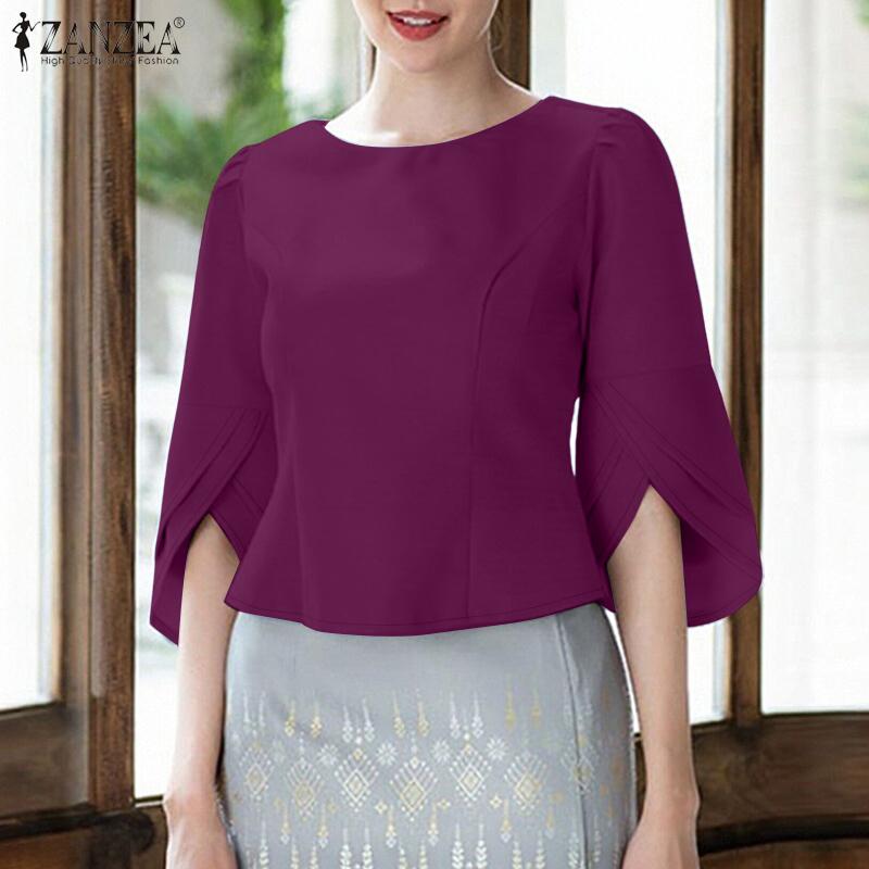 ZANZEA Women Casual Round Neck 3/4 Sleeve Loose Blouse