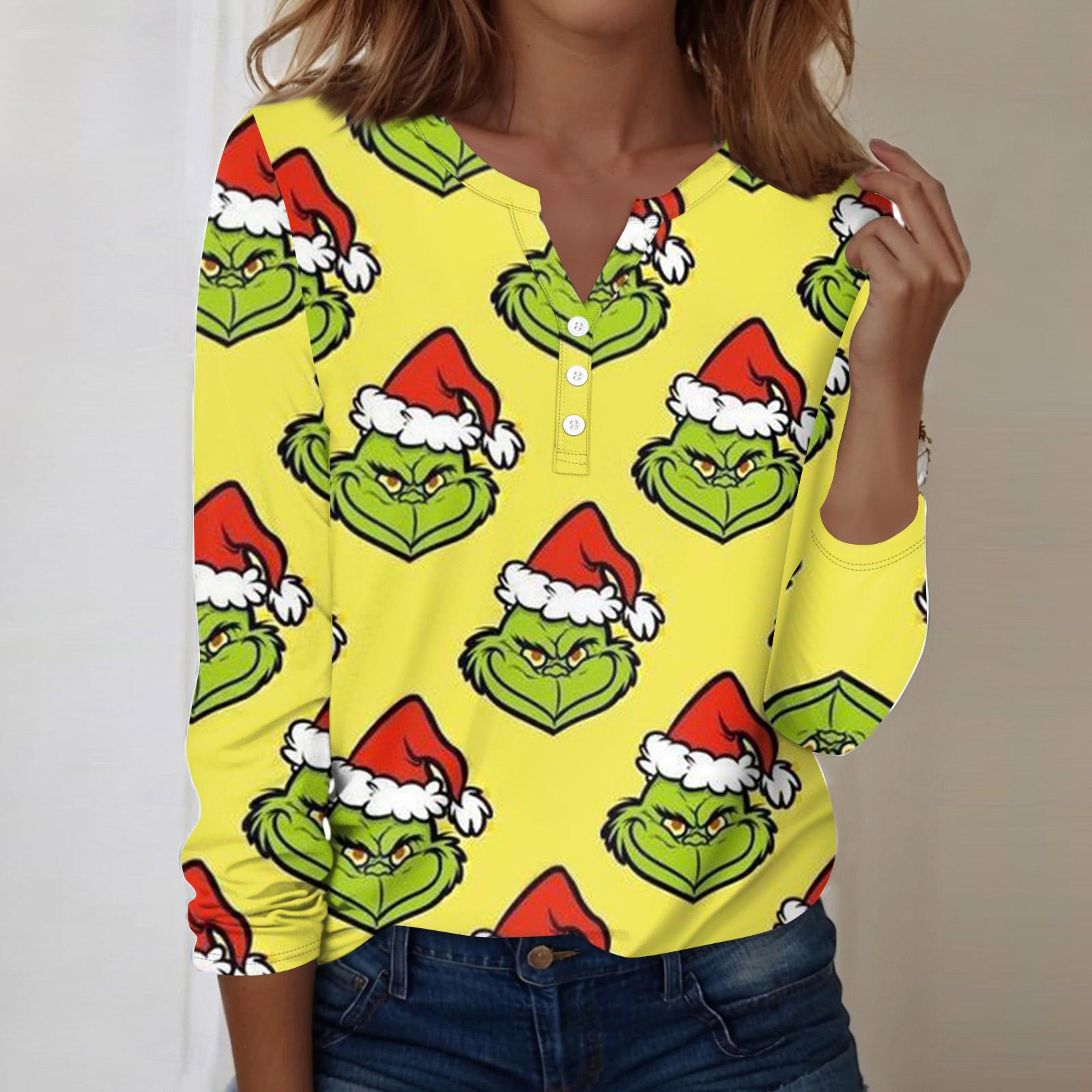 

Женская модная повседневная блузка с V-образным вырезом, длинным рукавом и декоративными пуговицами, с рождественским принтом XL жёлтый