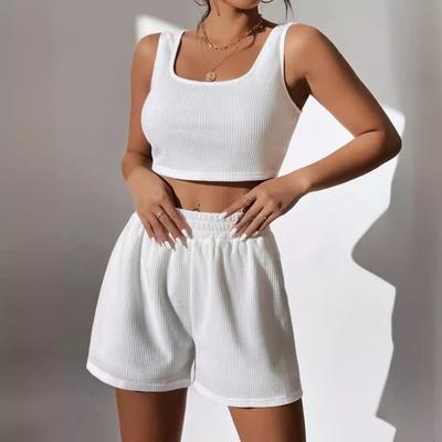 Damen Geripptes Camisole Weste Shorts Set, Freizeit-Urlaubskleidung, Keine Taschen
