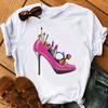 New Women's T-Shirt Pink High Heel Top Female T Shirts Lady Luxury Make Up Paris Style Shirt Harajuku Summer Tops Short Clothes