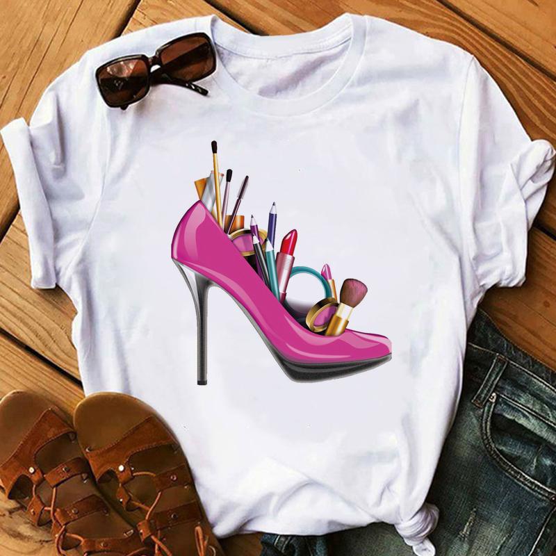 New Women's T-Shirt Pink High Heel Top Female T Shirts Lady Luxury Make Up Paris Style Shirt Harajuku Summer Tops Short Clothes